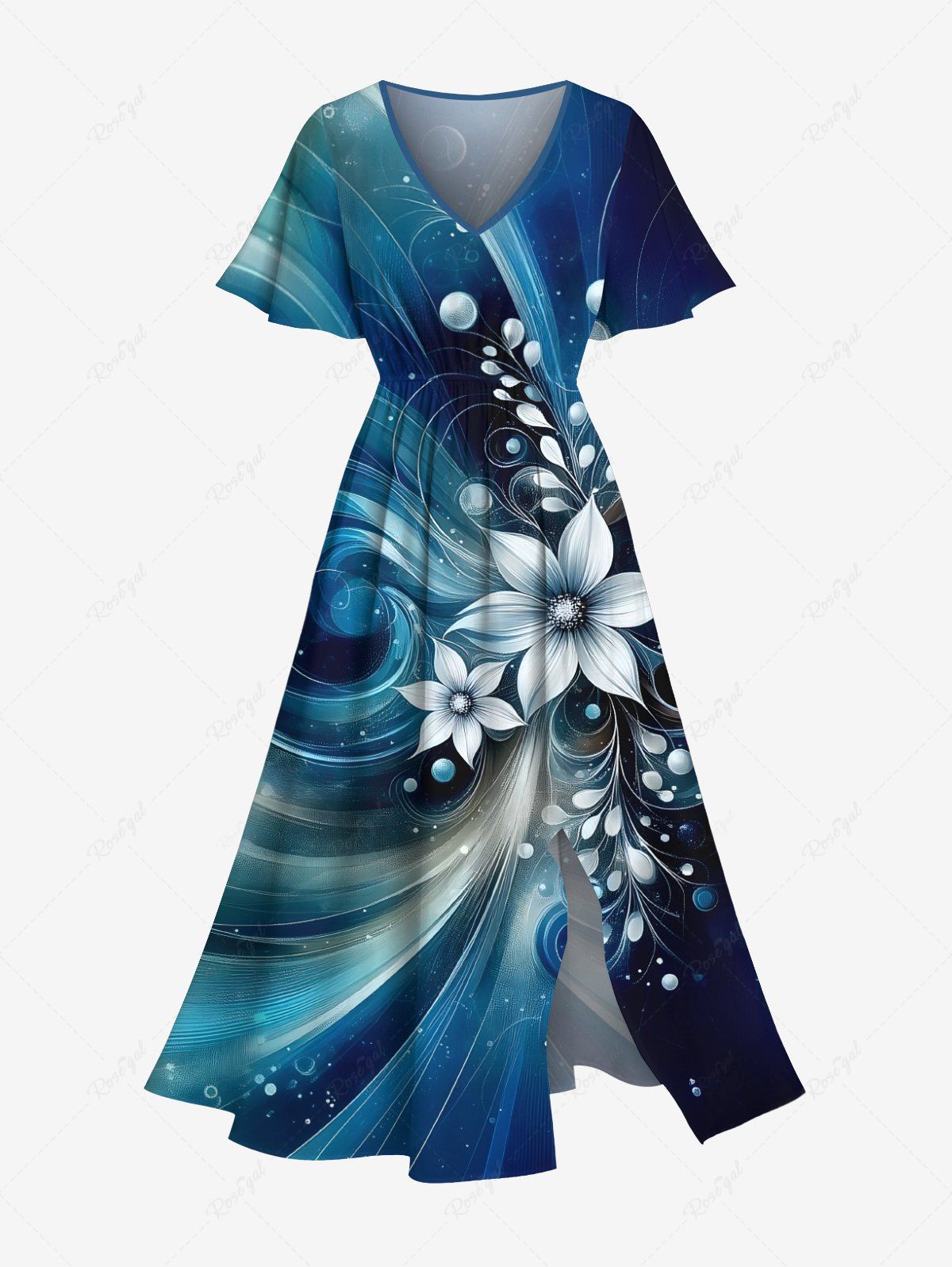 Shop Plus Size Flowers Galaxy Swirls Light Beam 3D Print Split Hawaii Midi Dress  