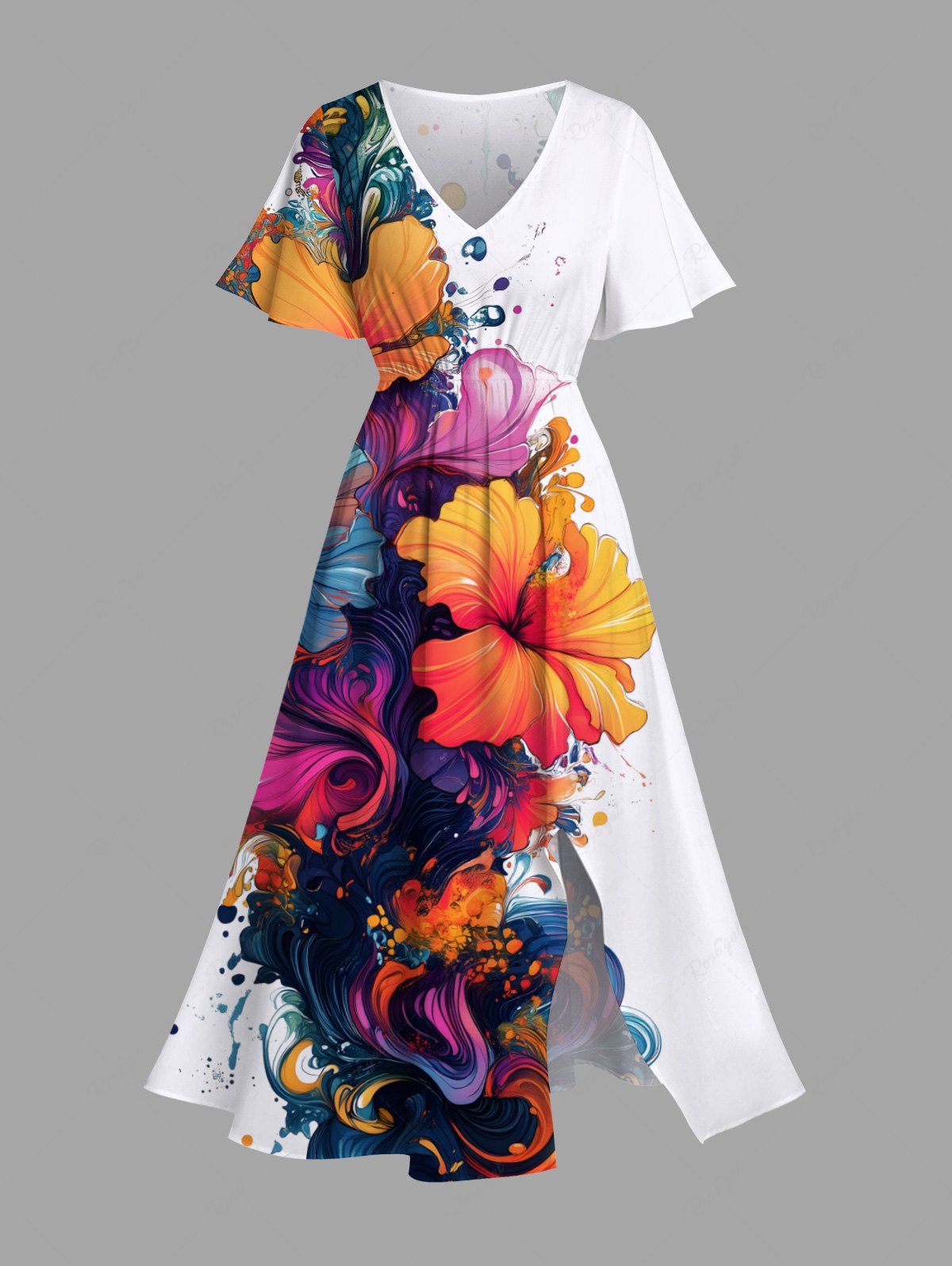 Best Plus Size Colorful Flowers Paint Splatter Print Split Hawaii Midi Dress  