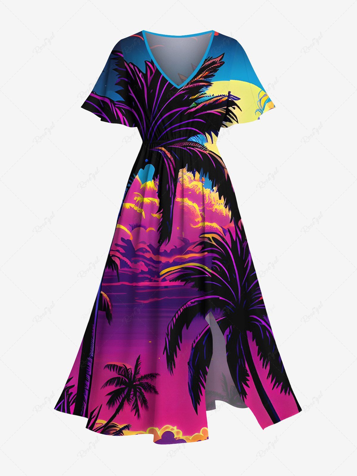 Cheap Plus Size Coconut Tree Sun Cloud Ombre Print Split Hawaii Midi Dress  