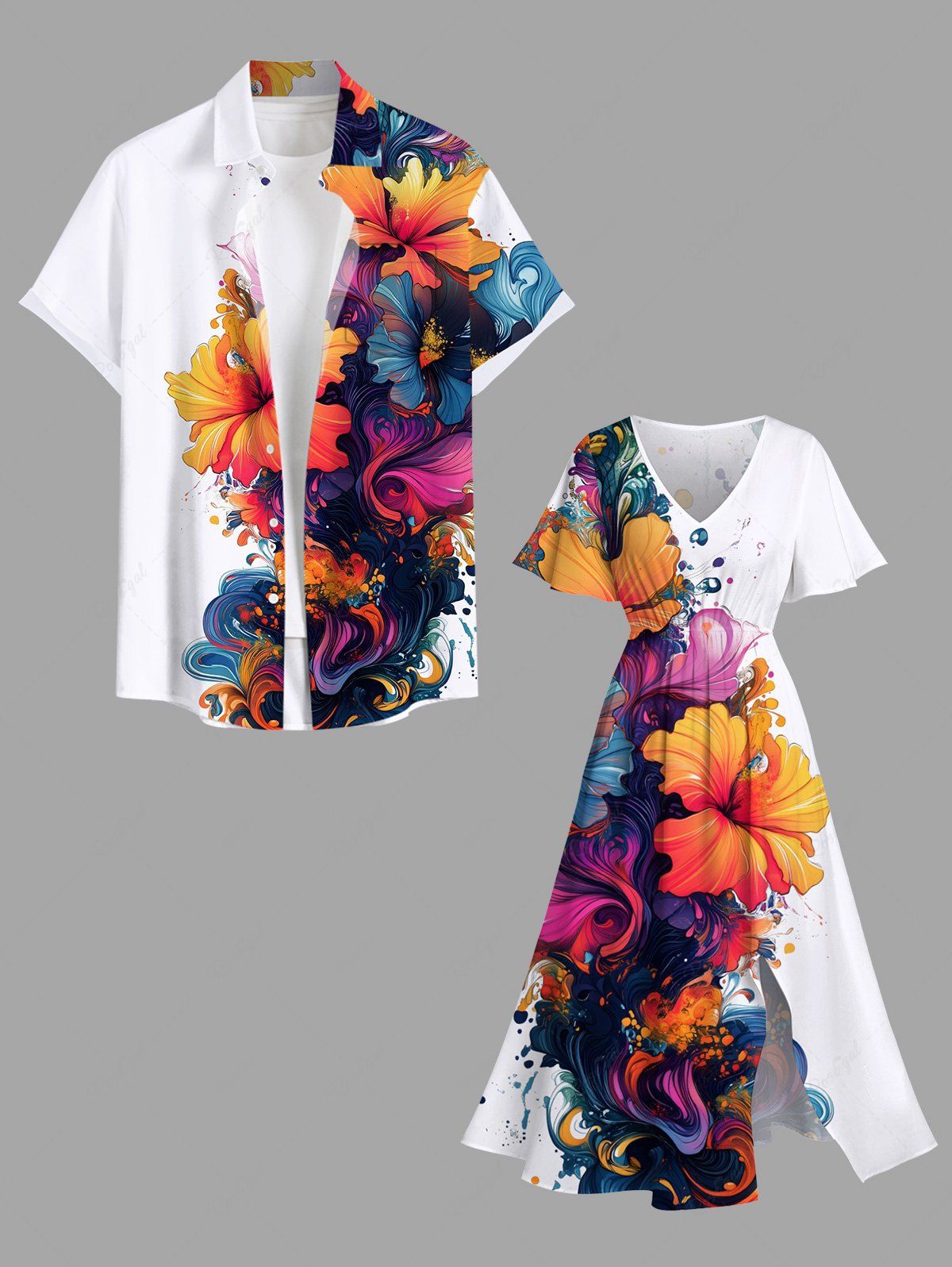 Tenue de Plage Grande Taille Imprimé Floral et Peinture D'éclaboussures Colorée Blanc 