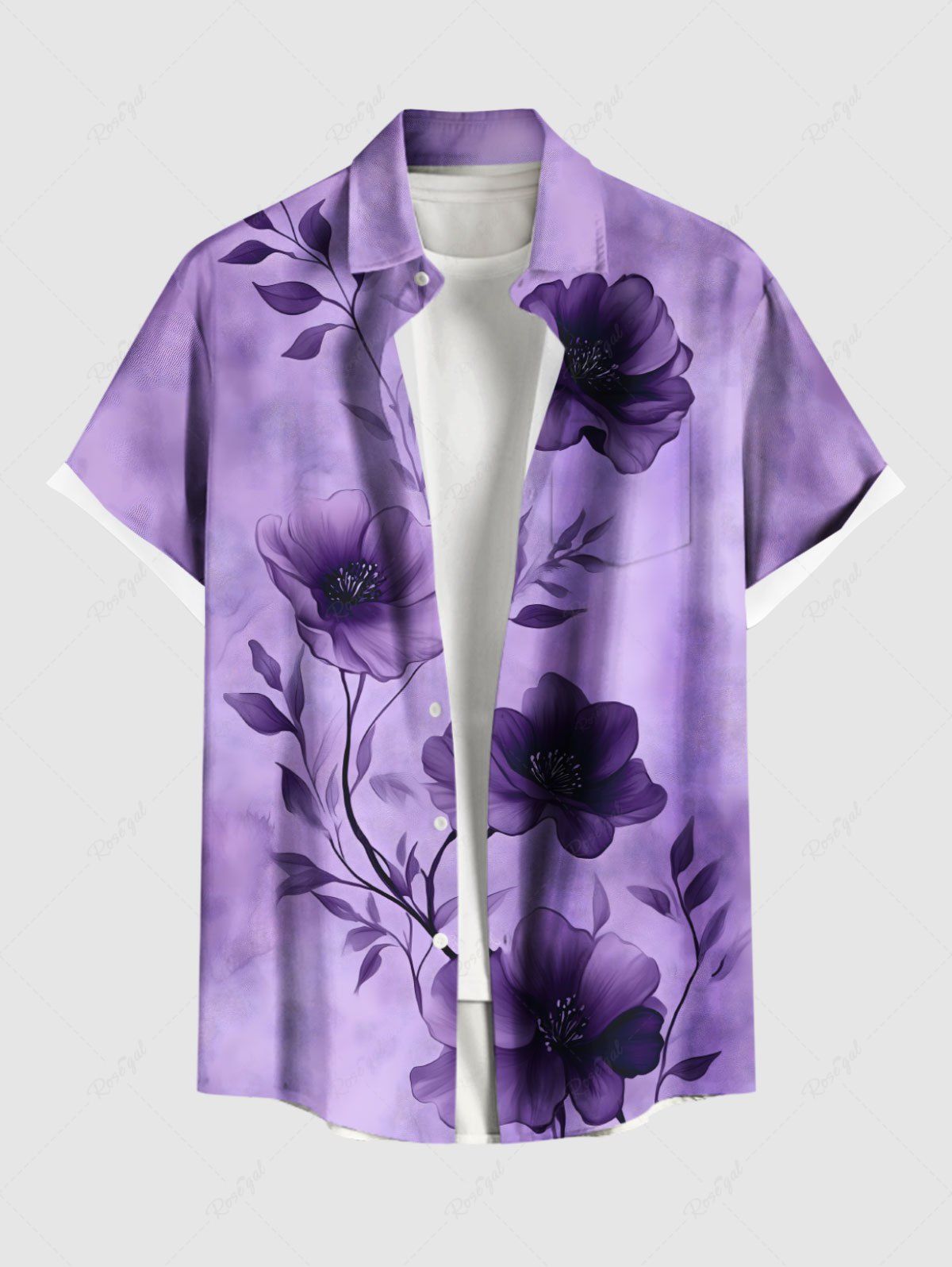 Trendy Plus Size Flowers Tie Dye Print Buttons Pocket Hawaii Shirt For Men  