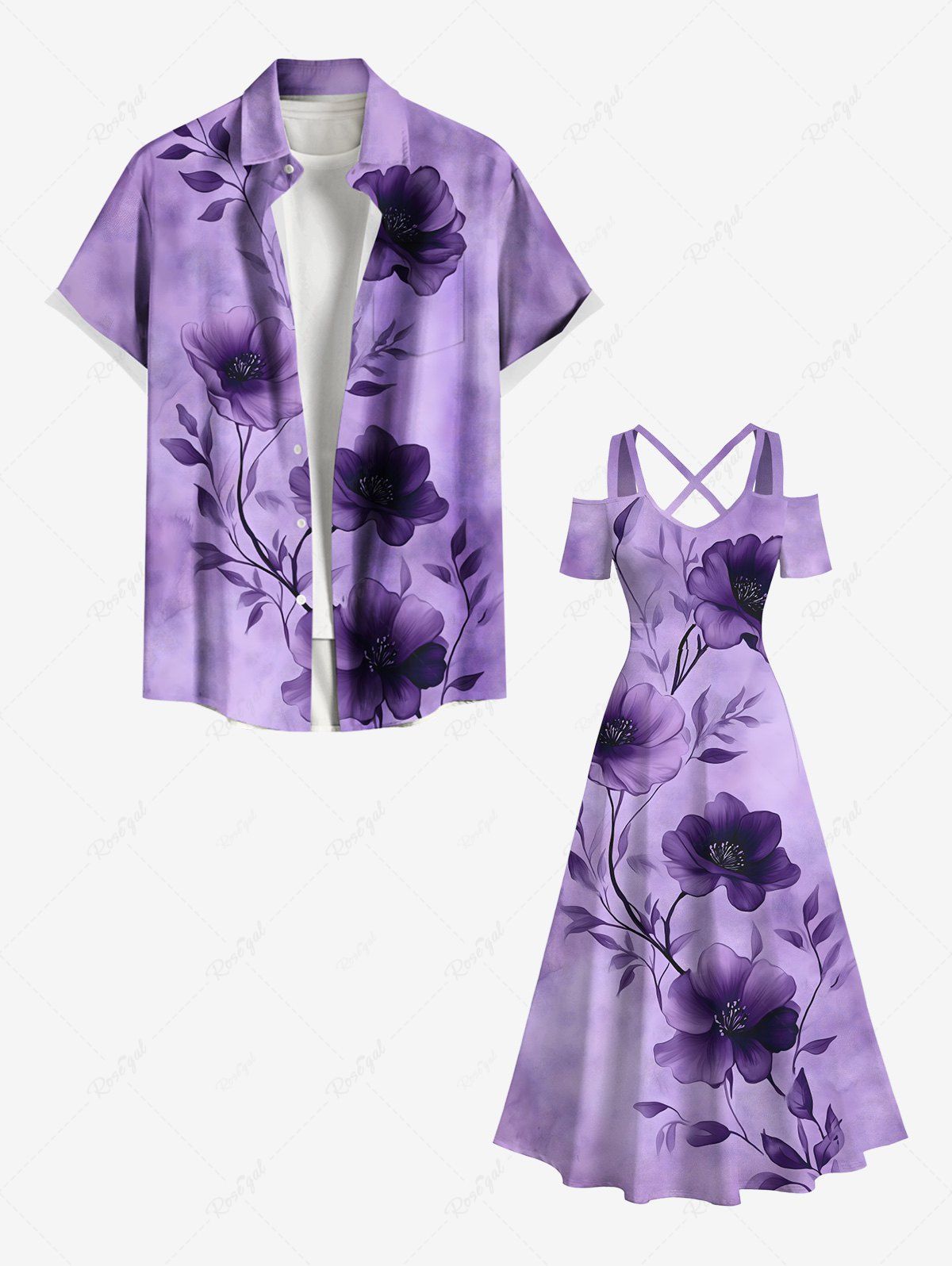 Cheap Flowers Tie Dye Print Plus Size Matching Dress and Shirt For Couples  