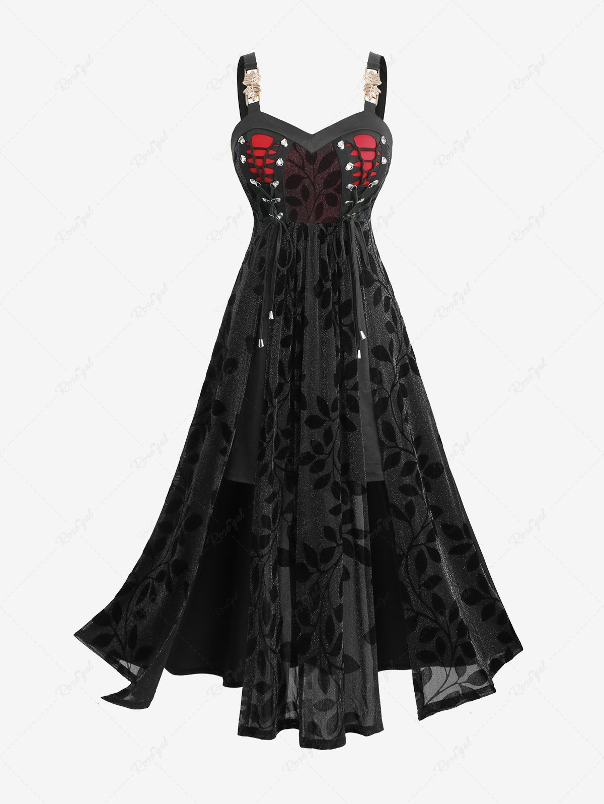 Cheap Gothic Plus Size Silver Leaf Flocking Lace Up Braided Panel Buckle Maxi Tank Dress  