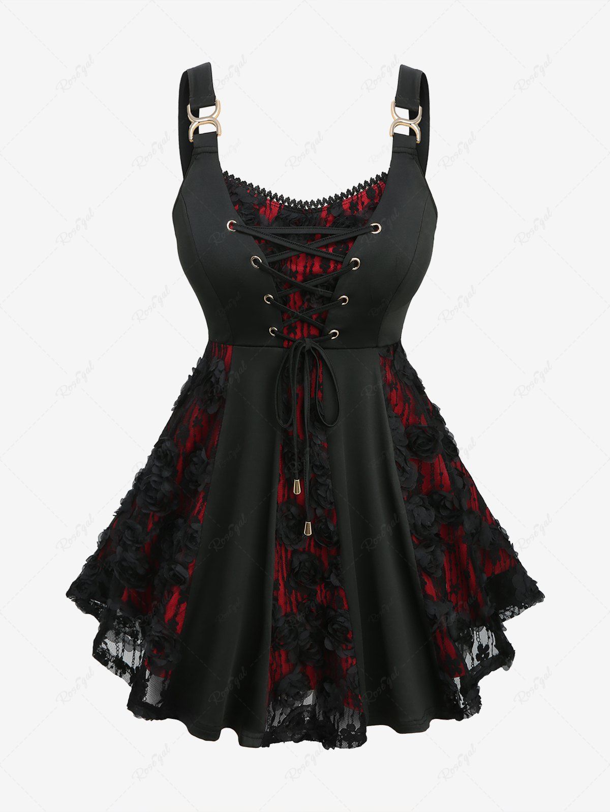 Outfits Plus Size Grommets Lace-up Rose Lace Jacquard Tank Top  