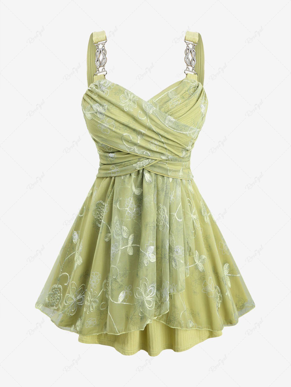 Buy Plus Size Flower Print Embroidery Mesh Ruched Chains Surplice Ribbed Textured Tank Top  