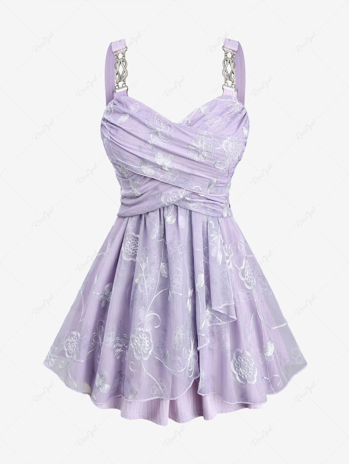 Outfits Plus Size Flower Print Embroidery Mesh Ruched Chains Surplice Ribbed Textured Tank Top  
