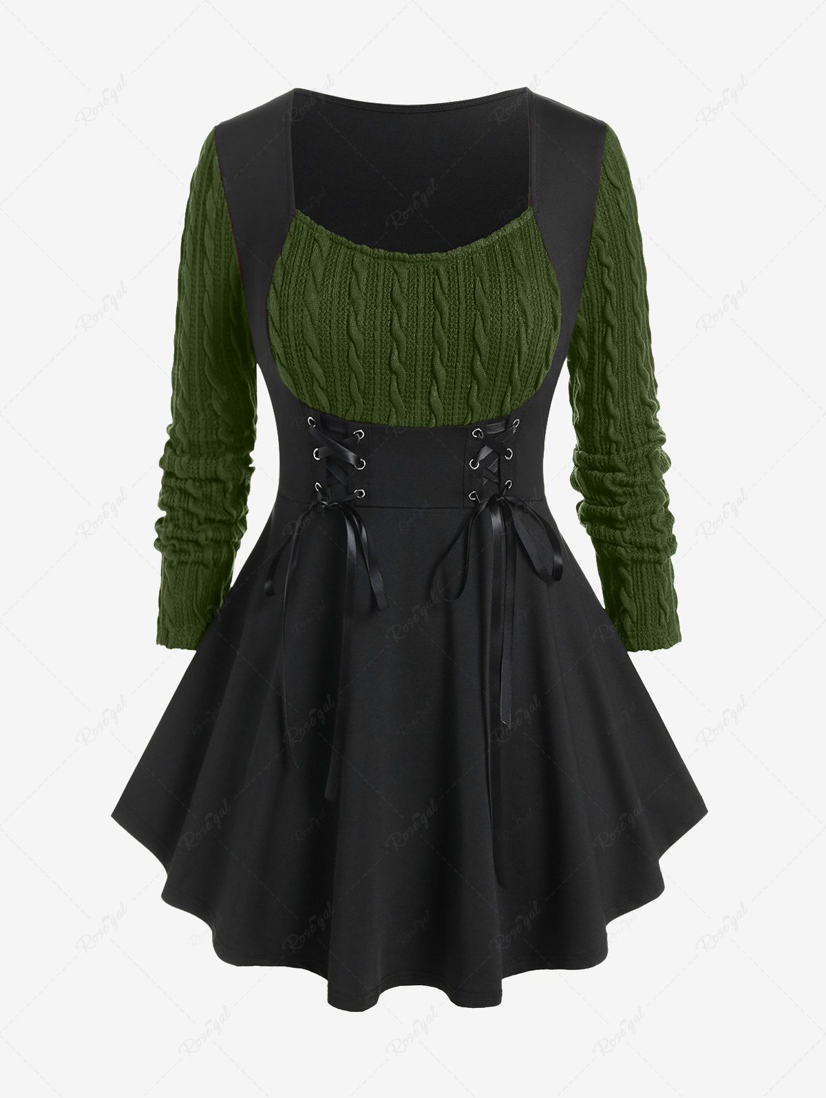 T-shirt à lacets en maille torsadée grande taille, matières mixtes Vert profond 3X | US 22-24