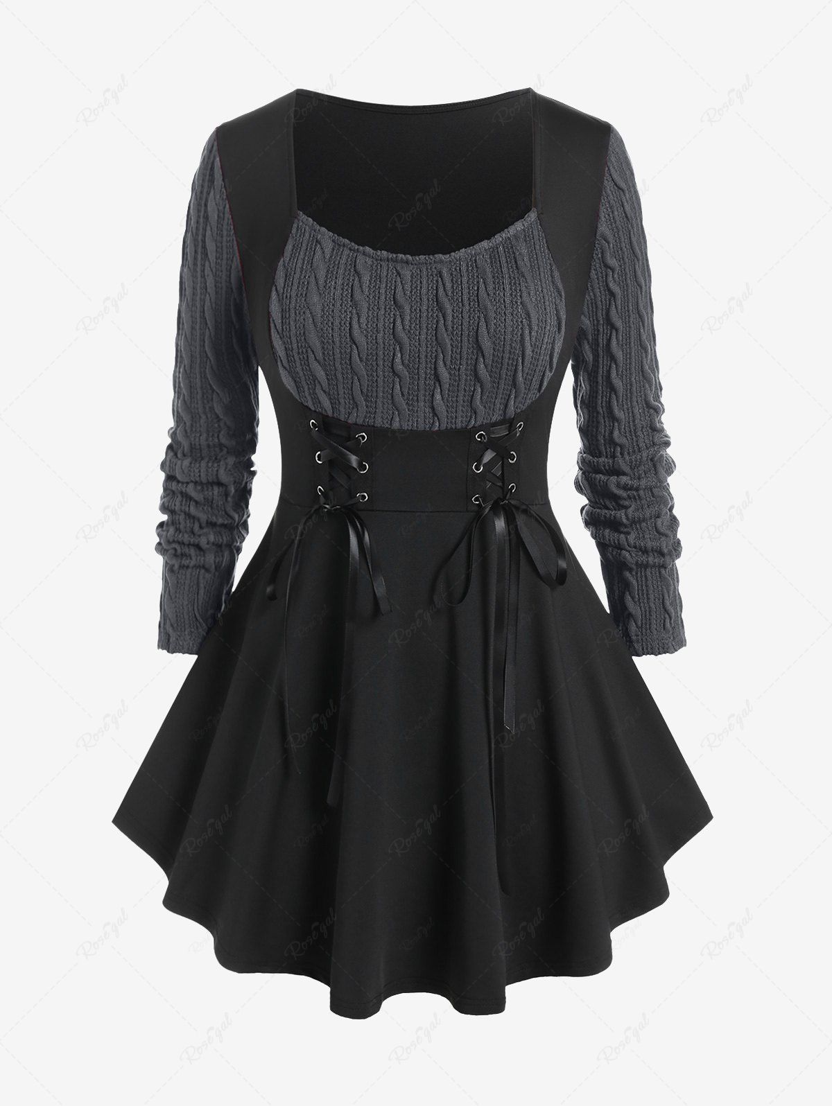 Sale Plus Size Cable Knit Panel Mixed Media Lace Up Tee  