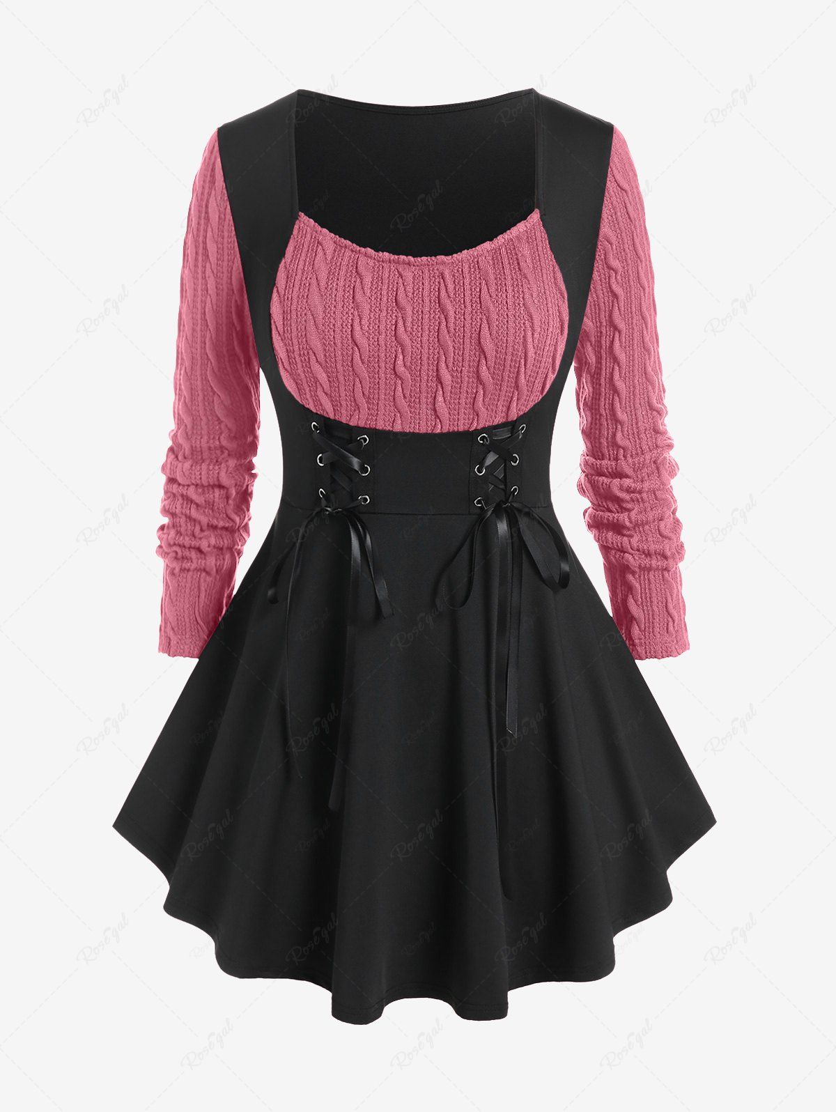T-shirt à lacets en maille torsadée grande taille, matières mixtes Rose clair 1X | US 14-16