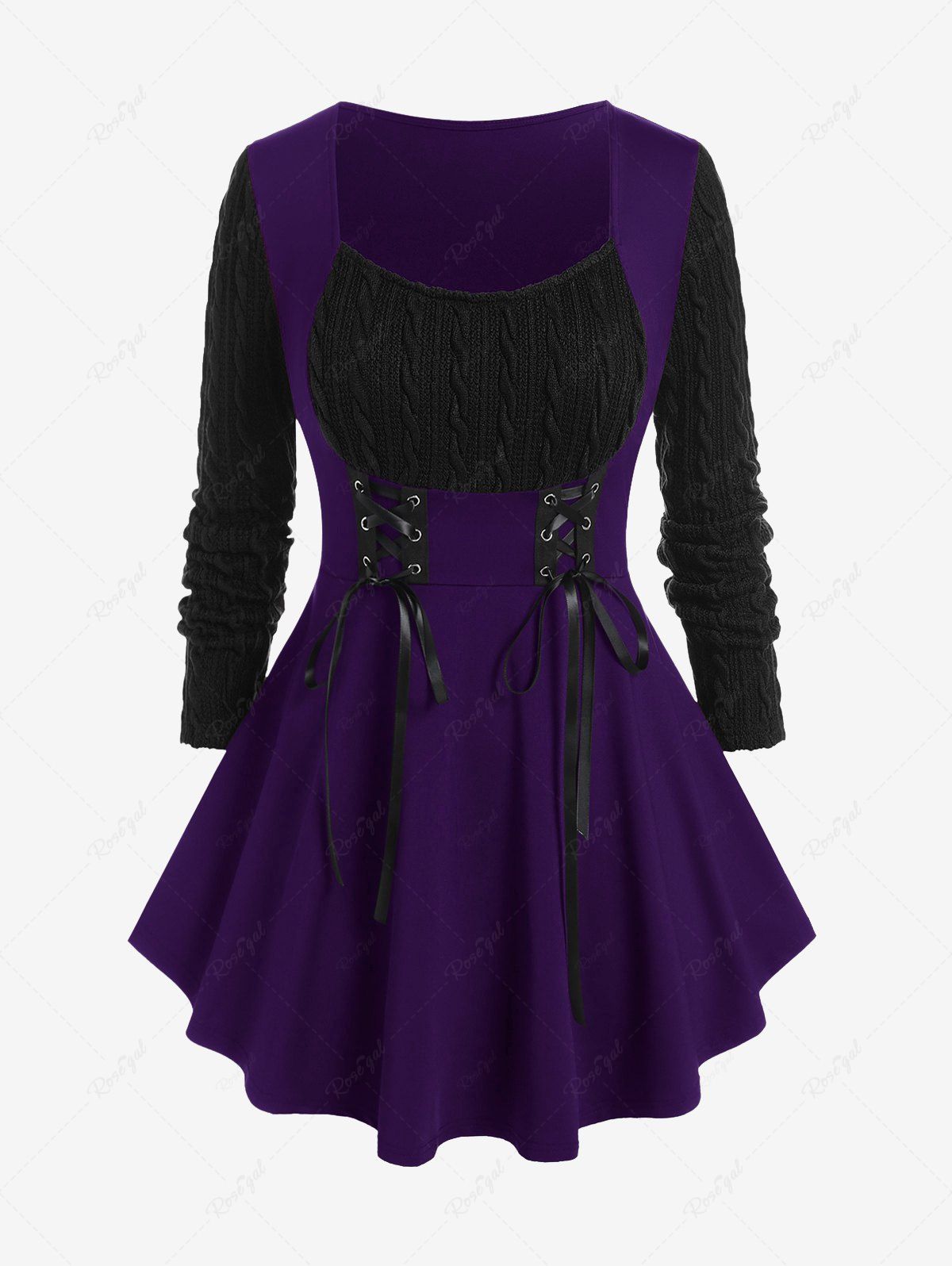 Sale Plus Size Cable Knit Panel Mixed Media Lace Up Tee  