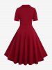 Robe trapèze vintage à col rabattu et imprimé pois grande taille, boutons factices, boucle en cœur, patchwork froncé - Rouge foncé L | US 12