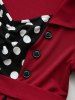 Robe trapèze vintage à col rabattu et imprimé pois grande taille, boutons factices, boucle en cœur, patchwork froncé - Rouge foncé L | US 12