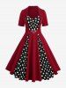 Plus Size Polka Dot Print Mock Buttons Heart Buckle Turn-down Collar Patchwork Ruched Vintage A Line Dress -  