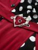 Plus Size Polka Dot Print Mock Buttons Heart Buckle Turn-down Collar Patchwork Ruched Vintage A Line Dress -  