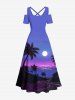 Plus Size Coconut Tree Moon Sea Ombre Sky Print Cold Shoulder Crisscross Hawaii Maxi Dress -  