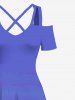 Plus Size Coconut Tree Moon Sea Ombre Sky Print Cold Shoulder Crisscross Hawaii Maxi Dress -  