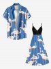 Robe Ligne A Superposée Flamant Imprimé à Bretelle de Grande Taille - Bleu S
