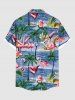 Plus Size Coconut Tree Flamingo Sea Flower Print Hawaii Button Pocket Shirt For Men -  