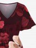 Robe Mi-Longue Hawaïen Ligne A Fendue Fleurie Imprimée de Grande Taille avec Poche - Rouge foncé M