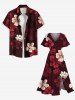 Robe Mi-Longue Hawaïen Ligne A Fendue Fleurie Imprimée de Grande Taille avec Poche - Rouge foncé M