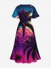 Robe Mi-Longue Hawaïen Fendue Cocotier et Soleil Imprimés de Grande Taille - Pourpre  1X