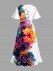 Robe Hawaïen Mi-Longue Fendue Fleur Colorée et Peinture Eclaboussée Imprimées de Grande Taille - Blanc 4X