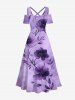 Maxi Robe Croisée Teintée Fleur Imprimée à Epaule Dénudée de Grande Taille - Pourpre  1X