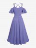 Plus Size Cold Shoulder Lace Trim Textured Pocket Split Crisscross Strappy Solid A Line Dress -  