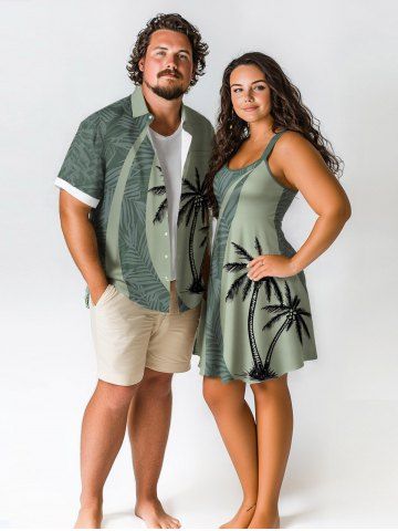Coconut Tree Tropical Leaf Print Plus Size Matching Hawaii Beach Outfit For Couples