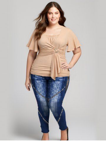 Daisy Buckle Ruched Ruffles Surplice Asymmetrical Textured Top and Skinny Leggings Plus Size Outfit