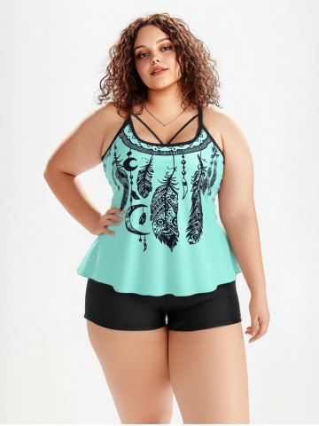 Plus Size Dreamcatcher Print Modest Tankini Swimsuit - LIGHT GREEN - L