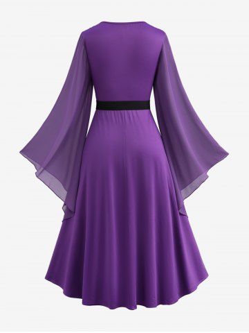Plus Size Bell Sleeves Ruched Braided Buckle Belted A Line Renaissance Midi Dress