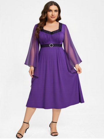 Plus Size Bell Sleeves Ruched Braided Buckle Belted A Line Renaissance Midi Dress - PURPLE - 1X | US 14-16