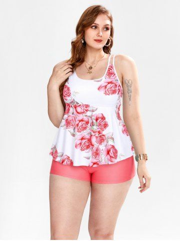 High Waist Rose Print Plus Size & Curve Modest Tankini Swimsuit - LIGHT PINK - L