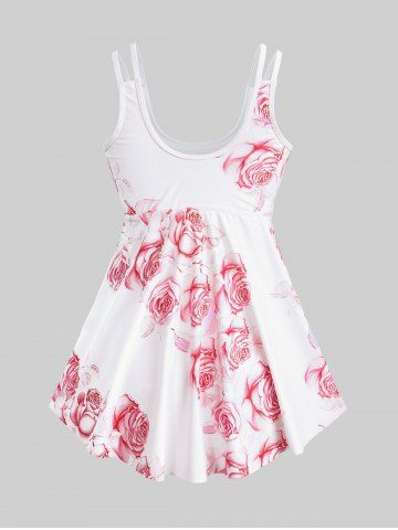 High Waist Rose Print Plus Size & Curve Modest Tankini Swimsuit