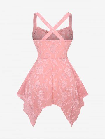 Plus Size Lace Up Grommets Ruffles Ruched Flowers Jacquard Crisscross Asymmetrical Tank Top