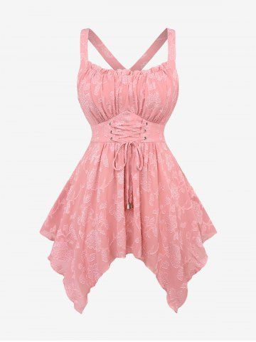 Plus Size Lace Up Grommets Ruffles Ruched Flowers Jacquard Crisscross Asymmetrical Tank Top