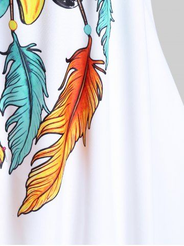 Plus Size Feather Print Crisscross Strappy Back Rings Boyshorts Tankini Swimsuit