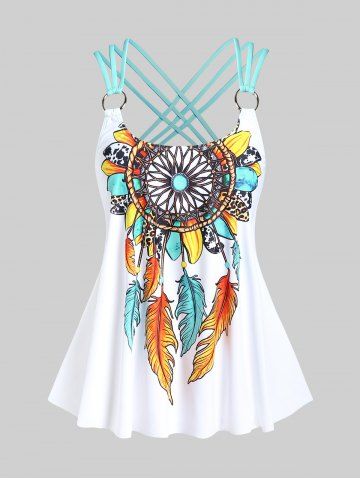 Plus Size Feather Print Crisscross Strappy Back Rings Boyshorts Tankini Swimsuit
