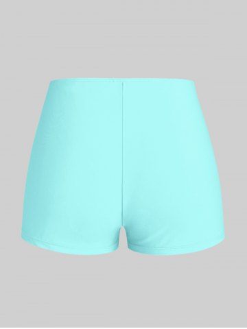 Plus Size Feather Print Crisscross Strappy Back Rings Boyshorts Tankini Swimsuit