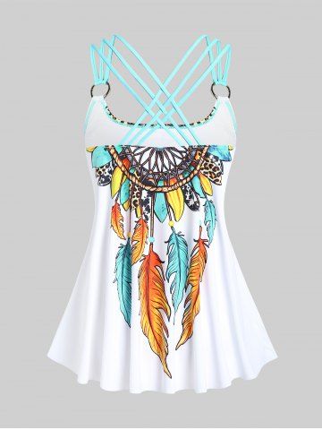 Plus Size Feather Print Crisscross Strappy Back Rings Boyshorts Tankini Swimsuit