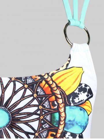Plus Size Feather Print Crisscross Strappy Back Rings Boyshorts Tankini Swimsuit