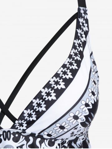 Plus Size Tribal Geo Print Crisscross Padded Boyshorts Tankini Swimsuit