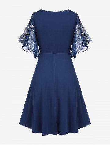 Plus Size Stars Print Buckle Button Pockets Ruched Butterfly Sleeves Dress