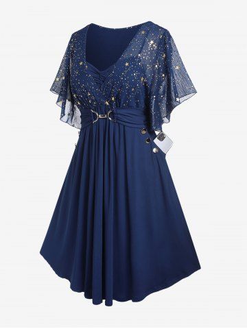 Plus Size Stars Print Buckle Button Pockets Ruched Butterfly Sleeves Dress