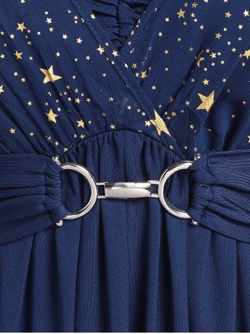 Plus Size Stars Print Buckle Button Pockets Ruched Butterfly Sleeves Dress