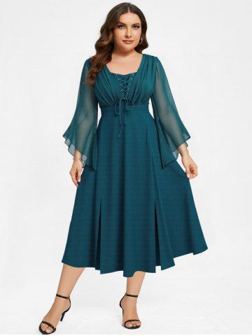 Plus Size Ruched Lace Up Mesh Bell Sleeves Textured Split Dress - GREEN - L | US 12
