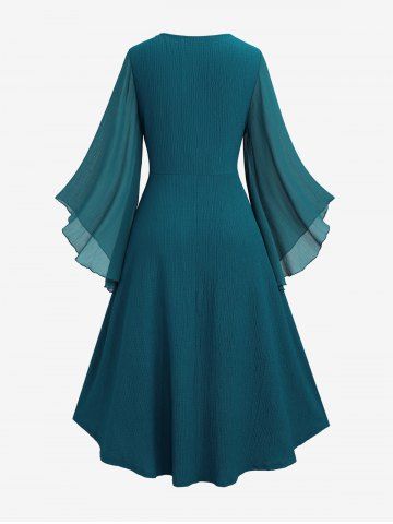 Plus Size Ruched Lace Up Mesh Bell Sleeves Textured Split Dress