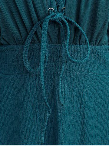 Plus Size Ruched Lace Up Mesh Bell Sleeves Textured Split Dress