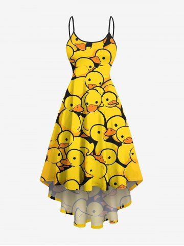 Plus Size Cute Duck Print Hawaii High Low Asymmetric Cami Dress - YELLOW - M